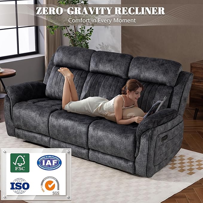 Zero Gravity Power Reclining Sofa Set, 3-Seater Reclining Couch with Drop Down Table + 2-Seater Power Loveseat Recliner with Console, Adjustable Headrests, Living Room Furniture (Velvet, Grey)