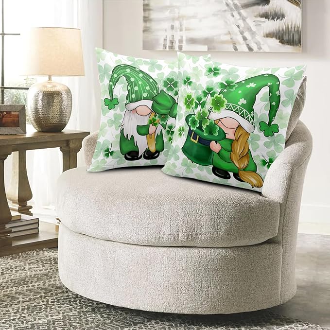 St Patricks Day Gnomes Throw Pillow Covers 22x22 Set of 2 Green Lucky Shamrock Decorative Pillow Cover St. Patrick's Clovers Bow Hat Cushion Cases Spring Rustic Outdoor Pillowcase for Couch Sofa
