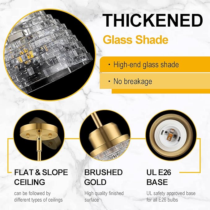 3 Pack Glass Pendant Lights Kitchen Island 8.7 Inches Modern Gold Glass Pendant Light Fixtures Brass Hanging Lighting for Kitchen Over Sink Dining Room Bedroom E26