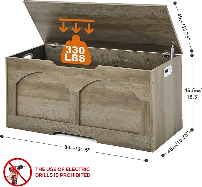 Storage Chest, 31.5" Retro Wooden Storage Bench, Entryway Storage Trunk, Supports 330 lb, Upgraded Safety Lift Support Hinge, Entryway Bench, U-Shaped Opening for Entryway Living Room, Greige