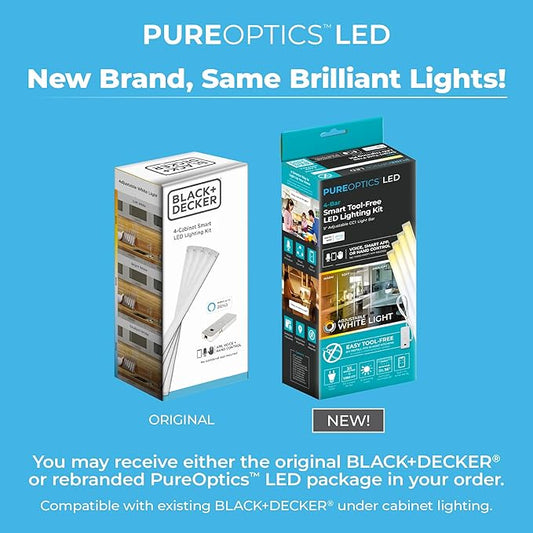 PureOptics LED Works with Alexa Smart LED Under Cabinet Lighting Kit, Motion Sensor, Dimmable, 3 Color Settings, For Kitchen, Cabinets and Closets, (4) 9" Bars, White, A Device