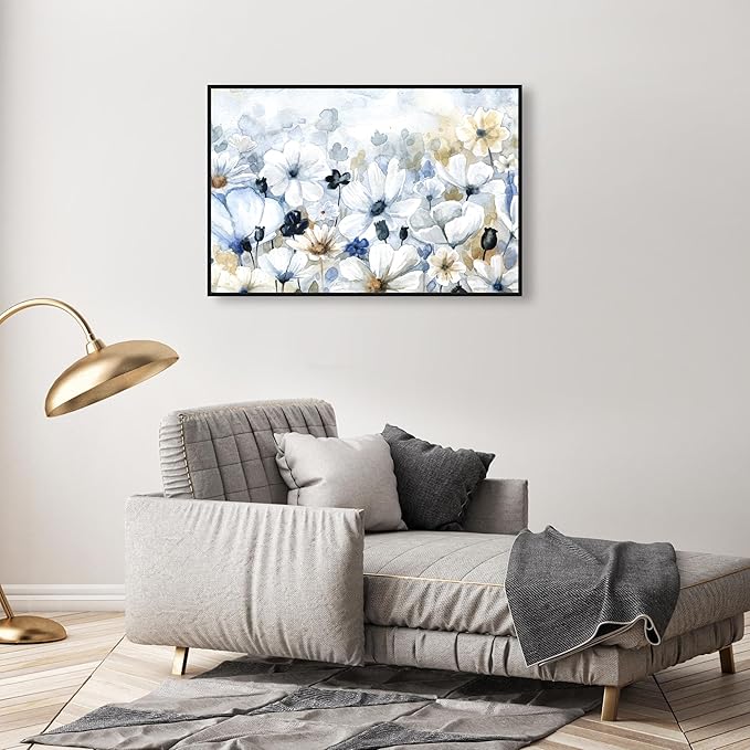 The Oliver Gal Artist Co. Floral and Botanical Wall Art Framed Canvas Prints 'Fields Flowers Home Décor, 36" x 24", Blue, White