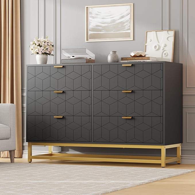 GAOMON Black 6 Drawer Double Dresser,Modern Dresser for Bedroom with Gold Handles,Long Storage Organizer for Closet & TV Stand,Large Chest of Drawers for Living Room,Hallway,Entryway