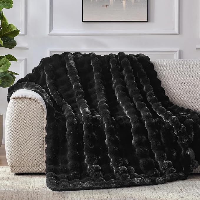 Faux Fur Throw Blanket, 1000GSM Fluffy Soft Bubble Blanket for Couch Bed, Cozy Plush Warm and Thick Blanket, Fuzzy Rabbit Throw for Living Room Bedroom 60''*80'' Black