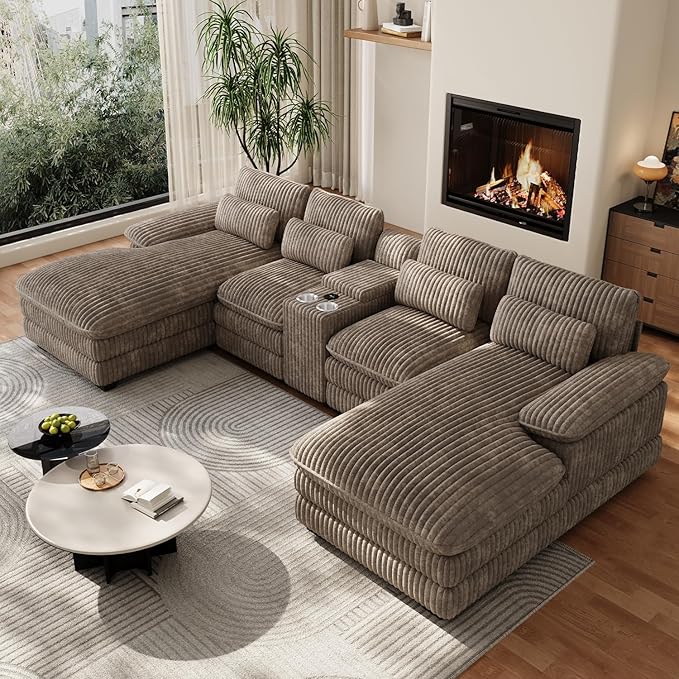 133" Oversized U Shaped Cloud Couch Modular Sectional Couches for Living Room Comfy Corduroy Deep Seat Sofa Set with Double Chaise Lounge, Storage Central Console, Cup Holders, USB Port, Brown