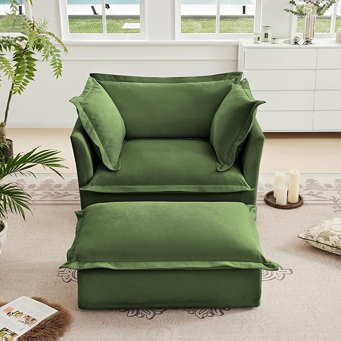 KEIKI Oversized Accent Chair with Ottoman, Chaise Lounge Chair with 2 Pillows, Armchair Sets, Oversized Sofa Bed, Sleeper Couch Reading Chairs for Living Room, Green