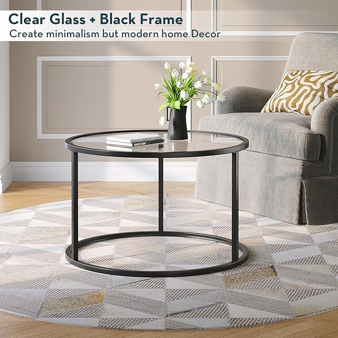 SAYGOER Small Glass Coffee Table Round Coffee Tables 27.6In Modern Tempered Glass-Top Accent Center Table for Living Room Home Office Small Space Easy Assembly