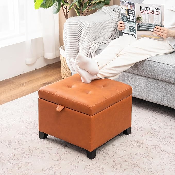 Adeco Faux Leather Storage Ottoman, 17.5" Square Cube Footrest with Lift Top Lid for Blankets, Upholstered Vanity Stool & Entryway Shoe Bench for Living Room, Bedroom, Warm Orange