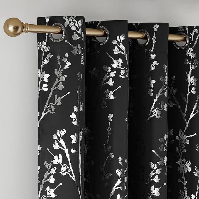 NICETOWN 100% Black Out Curtains 63 inch Long 2 Panels, Grommet Branch Pattern Silver Foil Printed Thermal Window Treatments Room Darkening Drapes for Bedroom, W52 x L63
