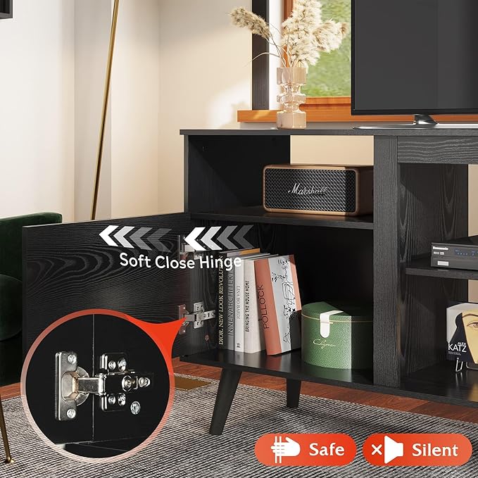 WLIVE Mid-Century Modern TV Stand for 55 60 65 Inch TV, Entertainment Center with Extra Open Shelf & Storage Cabinets, Media TV Console for Living Room Bedroom Office, Black