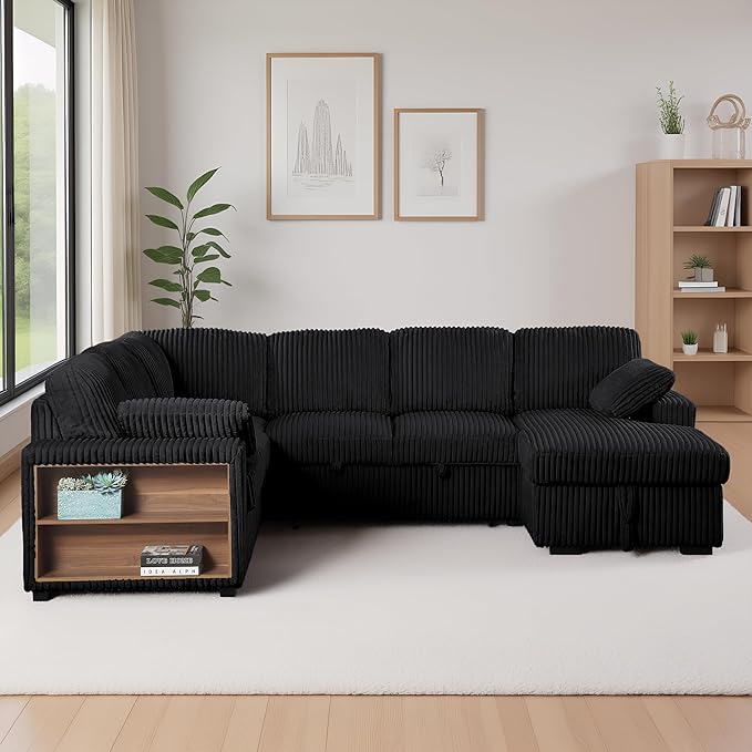 ERYE Oversized U-Shaped Pull Out Sleeper Couch Bed, Modern U Shaped Sleeper Sectional Sofa Corduroy Corner Convertible Sofa Bed with Storage Chaise Lounge and Cabinet