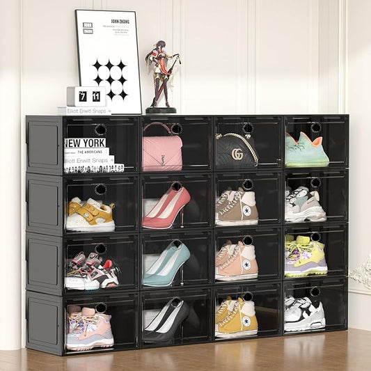 6 Pack Clear Sliding Door Shoe Box, Plastic Shoe Rack Storage Box, Shoe Display Case Suitable for Sneakers, Casual Shoes(Black)
