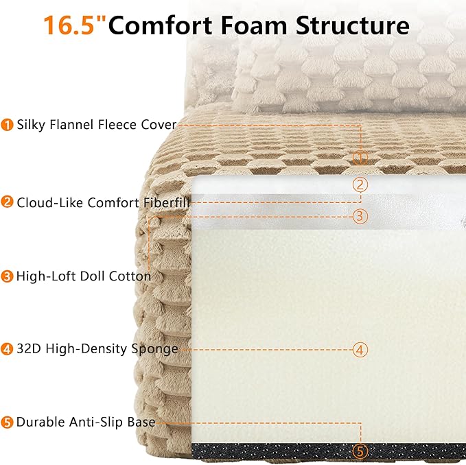 KEIKI 114" Oversized 3-Seater Boneless Couches for Living Room, Flexible Modular Sectional Velvet Sofa U-Shaped, Deep Seat Soft Cushion No Assembly Couch for Home, Modern Comfort Design, Light Camel