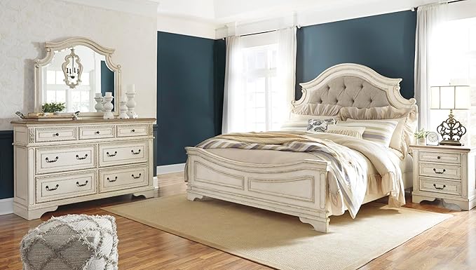 Signature Design by Ashley Realyn Vintage Smooth-Gliding 7-Drawer Dresser and Mirror with Safety Stop, White & Light Brown