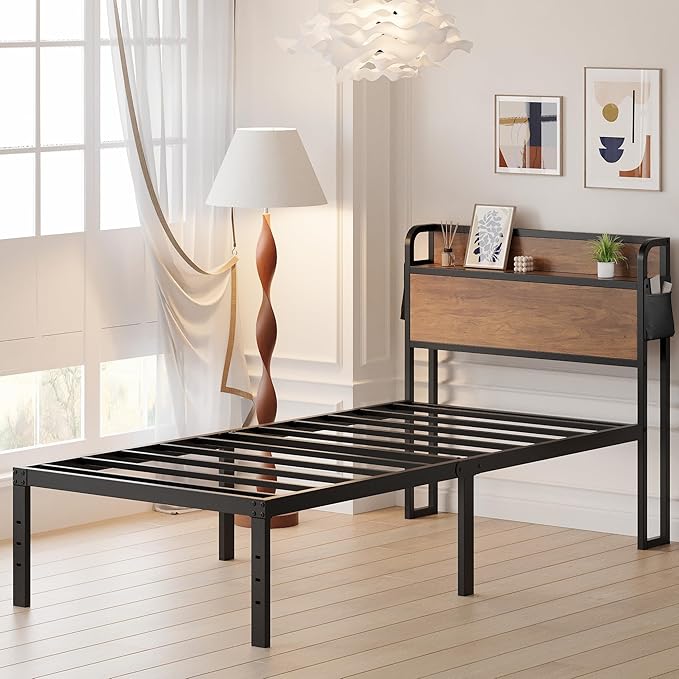 16 Inch Twin XL Bed Frames with Wood Headboard, Storage Bed Frame Twin XL No Box Spring Needed, Noise Free, Mahogany