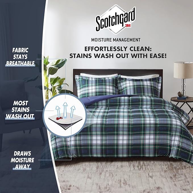 Madison Park Essentials Parkston Plaid Comforter, Matching Sham, 3M Scotchguard Stain Release Cover, Hypoallergenic All Season Bedding-Set, Twin/TwinXL, Navy, 2 Piece
