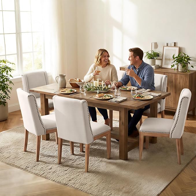 Dining Chair Set of 6, Upholstered Fabric Kitchen Side Chairs with Solid Wood Legs, Comfortable Seating for Kitchen, Dining Room & Restaurant, Camel
