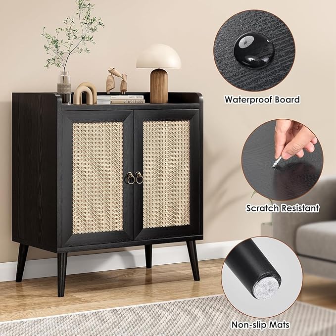 Sideboard Buffet Cabinet with Storage, Rustic Bar Liquor Cabinet with Boho Rattan Decorated Doors, Retro Credenza Console Table for Dining Room Living Room Hallway EntryWay, Black