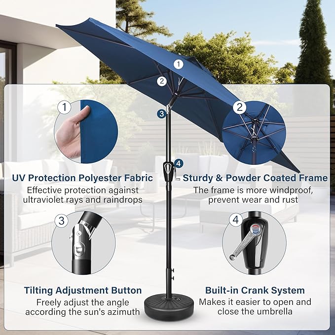 Simple Deluxe 7.5' Patio Umbrella with 20 Inch 50lbs Capacity Fillable Round Base, 6 Sturdy Ribs with Push Button Tilt/Crank for Garden, Deck, Backyard, Pool, Blue and Black