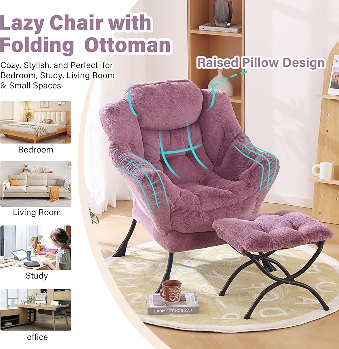 Lazy Chair with Ottoman, Modern Chair with Folding Footrest, Plush Purple Accent Chair, Comfortable Reading Chair, Oversized Armchairs for Bedroom, Study, Living Room, Courtyard