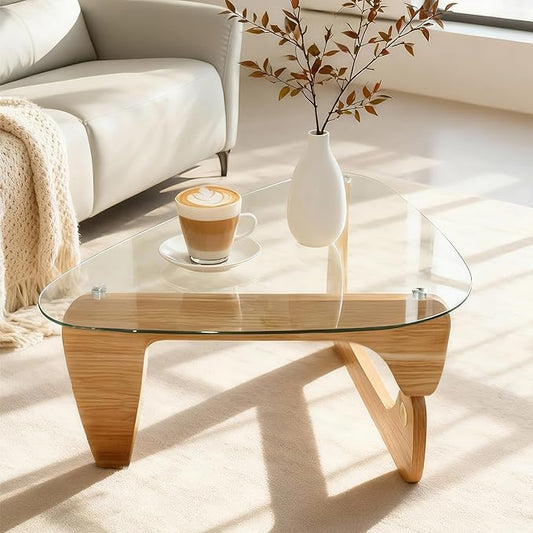 Morden Coffee Table,Glass Coffee Table with Natural Wood Legs,42.5" x 28.5" x 16" Triangle Tempered Glass Top for Living Room, Walnut