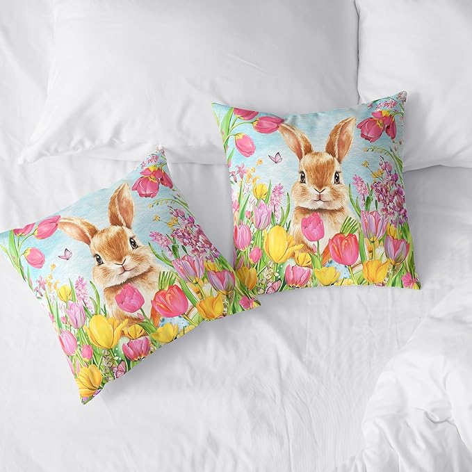 Easter Bunny Pillow Covers 24x24 Set of 2 Lovely Rabbit with Tulip Throw Pillow Covers Spring Pillow Case Floral Cotton Blend Cushion Case for Easter Decor Sofa Patio Garden