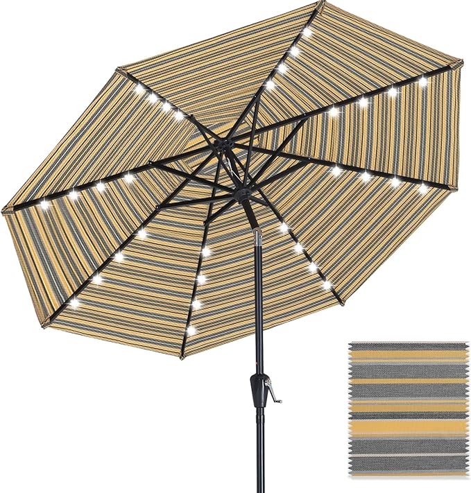ABCCANOPY OLEFIN® 5-Year No Fading Patio Umbrella with Solar Lights (Gray&Yellow Stripe)