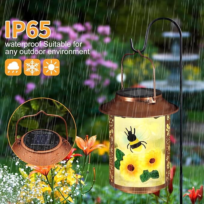Bees Solar Lanterns Outdoor Waterproof,Birthday Gifts for Women Mom Grandma Garden Decor,Hanging Solar Lights Wall Mount Decorations for Yard,Front Porch,Patio,Lawn Pathway Landscape