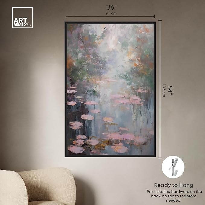 Art Remedy Pink Impressionisty Lilypads Framed Impressionism 1 Piece Canvas Wall Art/Monet And Van Gogh Inspired Art, 37" x 55", Black Frame