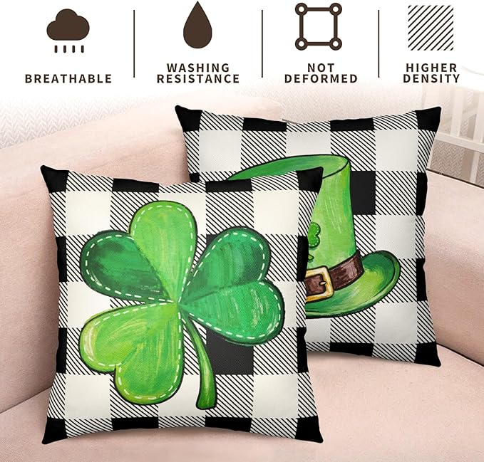 Green Shamrock Hat St Patricks Day Throw Pillow Covers 24x24 Set of 2 Buffalo Plaid Lucky Clovers Decorative Pillowcases St Patrick Outdoor Spring Cushion Covers for Couch Sofa Porch Decor