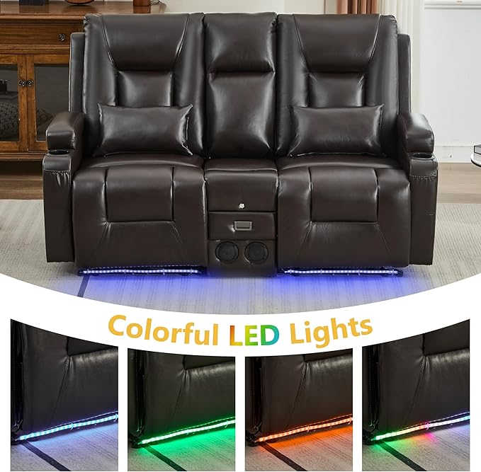 URRED Power Loveseat Recliner Sofa with Console, Wall Hugger Reclining Loveseat RV Couch with LED Light, 150° Zero Gravity Recliners Modular Couches for Living Room (Glossy Brown, 68.1'' - 2 Seats)