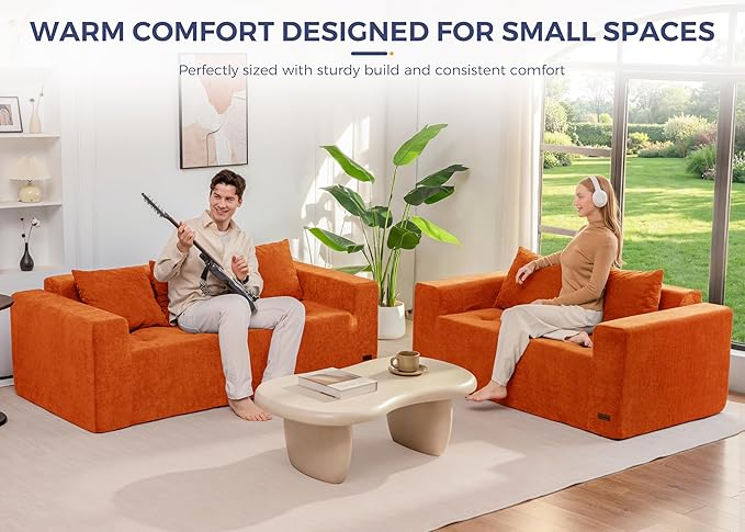 MAXYOYO Modular Sofa Couch, 75" Oversized Loveseat Boneless Cloud Couch with Deep Seat, Chenille Upholstered Living Room Sleeper Sofa Chair for Living Room, No Assembly Required, Orange