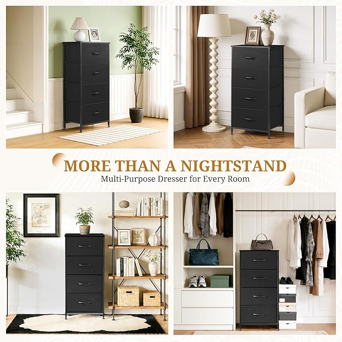 Nightstand with 4 Fabric Drawers, 37.4" H Tall Narrow Bedside Table with Wooden Top Steel Frame for Bedroom, Dorm, Closet, Living Room, Black