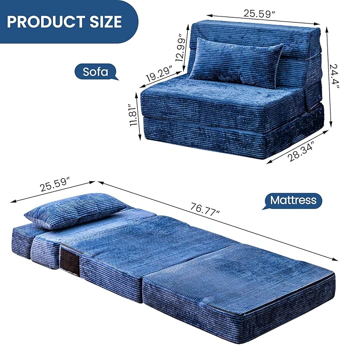 Cvortll Folding Sofa Bed, Convertible Sleeper Chair with Pillow, High Density Memory Foam Fold Out Couch, Foldable Mattress Futon Sofa for Living Room/Dorm/Guest Use/Apartment/Home Office