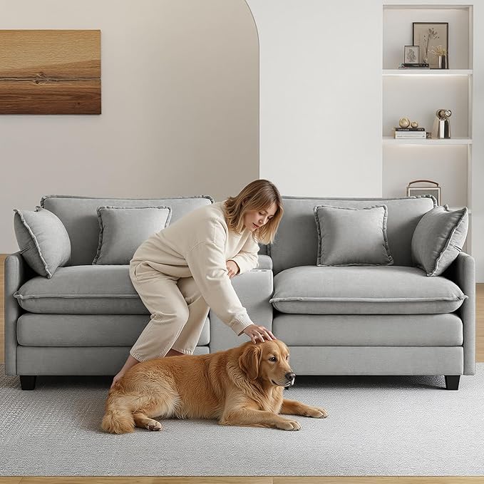 KISLOT 74.4" Oversized Modular Sectional Sofa with Storage Console,Loveseat Cloud Couch with Deep Seat & Thick Cushions, Multi Functional Console with USB and 2 Cup Holder,Sofa Set for Living Room | Wood Frame