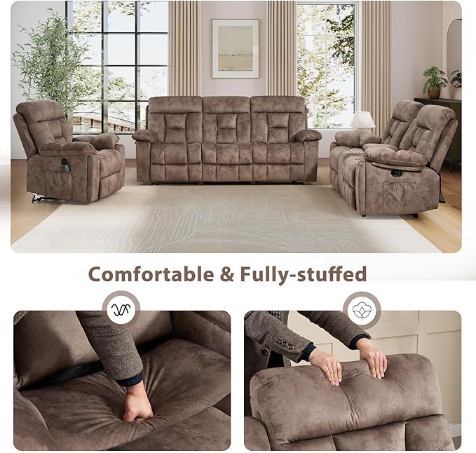 EBELLO 3 Pieces Recliner Sofa Furniture Set, Power Lift Recliner Chair with Massage and Heat, Manual Loveseat and 3 Seat Reclining Couch Set for Living Room, Brown