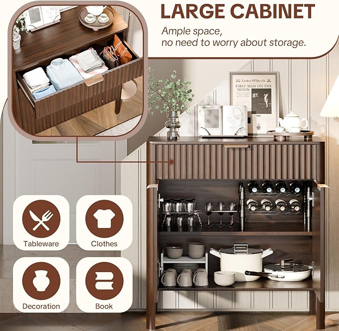 Fluted Buffet Cabinet with Storage - Modern Sideboard Accent Credenza with Doors & Drawer Wood Console Coffee Table Bar Counter for Living Room Kitchen Dining Room Entryway, Easy Assembly 31" Walnut