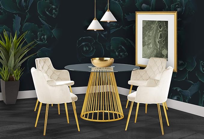 Meridian Furniture Gio Collection Modern | Contemporary Clear Tempered Glass Top Table with Wired Design, Durable Metal Base, Dining, Polished Gold Finish