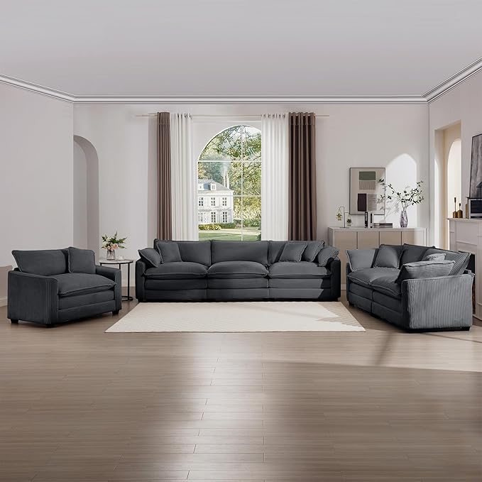 KEIKI 3-Piece Sofa Set with 1 Oversized Corduroy 3-Seater Sofa & 1 Loveseat & 1 Single Sofa, Upholstered 6-Seater Couch Set with 10 Pillow, High-Density Foam Cushions, for Living Room, Grey