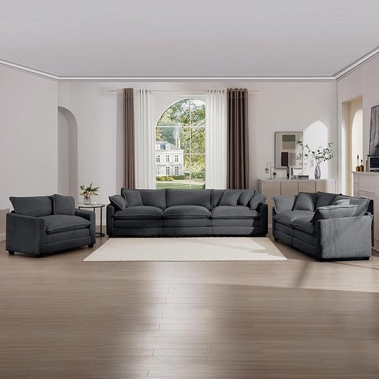 KEIKI 3-Piece Sofa Set with 1 Oversized Corduroy 3-Seater Sofa & 1 Loveseat & 1 Single Sofa, Upholstered 6-Seater Couch Set with 10 Pillow, High-Density Foam Cushions, for Living Room, Grey