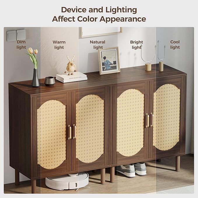 Buffet Cabinet with Storage, Imitation Rattan Arched Sideboard with Adjustable Shelves, Coffee Bar Cabinet for Kitchen, Living Room, Hallway, Entryway, Walnut, 2 PCS