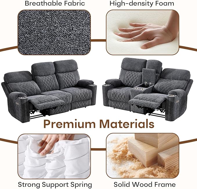 HAOMARKETS Power Reclining Loveseat Sofa Set of 2 with USB & Type-C Charging Port, Breathable Fabric 2-Seater Electric Recliner Couch with Cup Holders & Storage Console for Living Room, Dark Grey