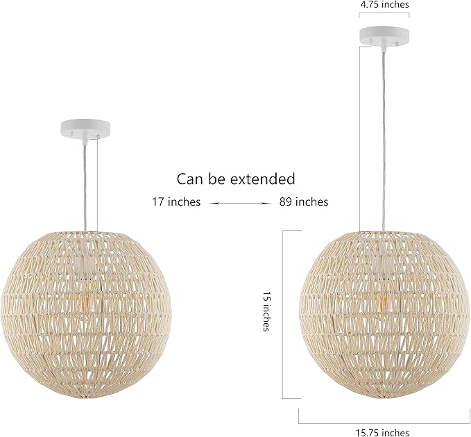 JONATHAN Y 15.75" Cream/White 1-Light Modern Bohemian Woven LED Pendant Light, Adjustable Hanging Ceiling Lamp for Kitchen Island Dining Room, Paper Wicker Shade, Bulb Included (JYL6503B)