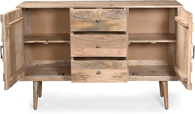 Great Deal Furniture Zona Mid-Century Modern Mango Wood 3 Drawer Sideboard with 2 Doors, Natural
