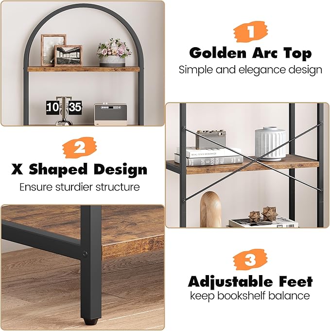 CABIHOME Bookshelf Tall Bookcase Arched Standing Bookshelves Modern Display Racks 5 Tier Storage Rack Shelf Large Wood Book Shelf for Bedroom, Living Room, Home Office