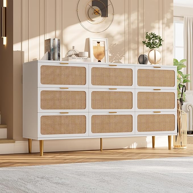 GarveeHome Rattan 9 Drawer Dressers for Bedroom, Tall Dresser with Deep Drawers, Large Chest of Drawers for Closet with Wide Top, Long Wooden Dresser for Living Room, Hallway, Kids Room, White