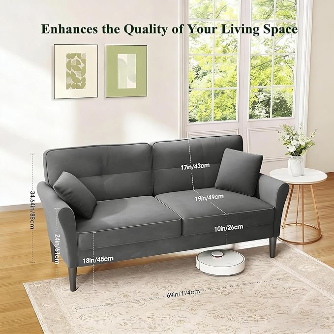 Loveseat Sofa, 69" Love Seat Couches, Comfy Velvet Small Couches for Small Spaces with 2 Pillows, Tool-Free Setup Sofas & Couches, 700lb Load Sofas for Living Room, Mini Couch for Bedroom, Grey Couch