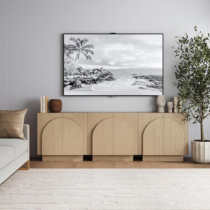 Nathan James Iris Mid-Century Modern Credenza, Light Brown TV Stand, Living Room Wood Storage Cabinet with Arched Cabinet Doors, White Oak, Set of 3
