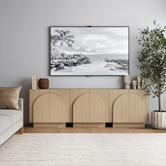 Nathan James Iris Mid-Century Modern Credenza, Light Brown TV Stand, Living Room Wood Storage Cabinet with Arched Cabinet Doors, White Oak, Set of 3