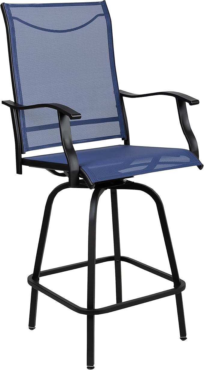 Flash Furniture Valerie All-Weather Swivel Patio Barstools with Footrest and Armrests, Modern Sling Outdoor Bar Height Stools, Set of 2, Navy